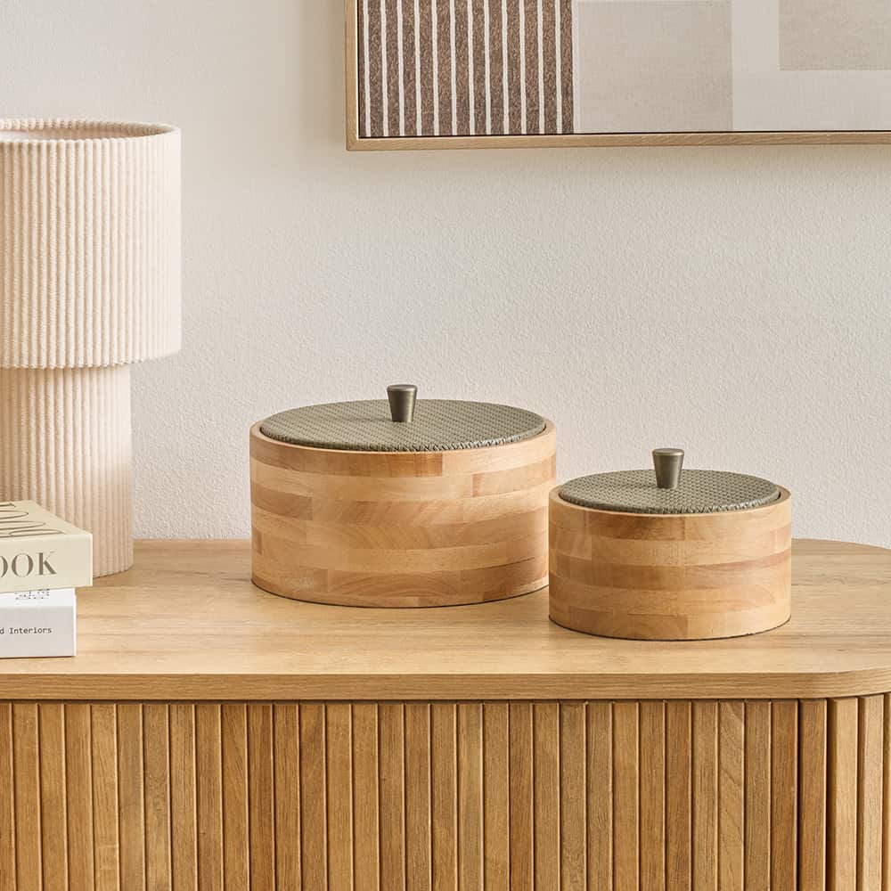 Bonie bokser i tre/skinn, kaki-farget, sett av 2 stk.