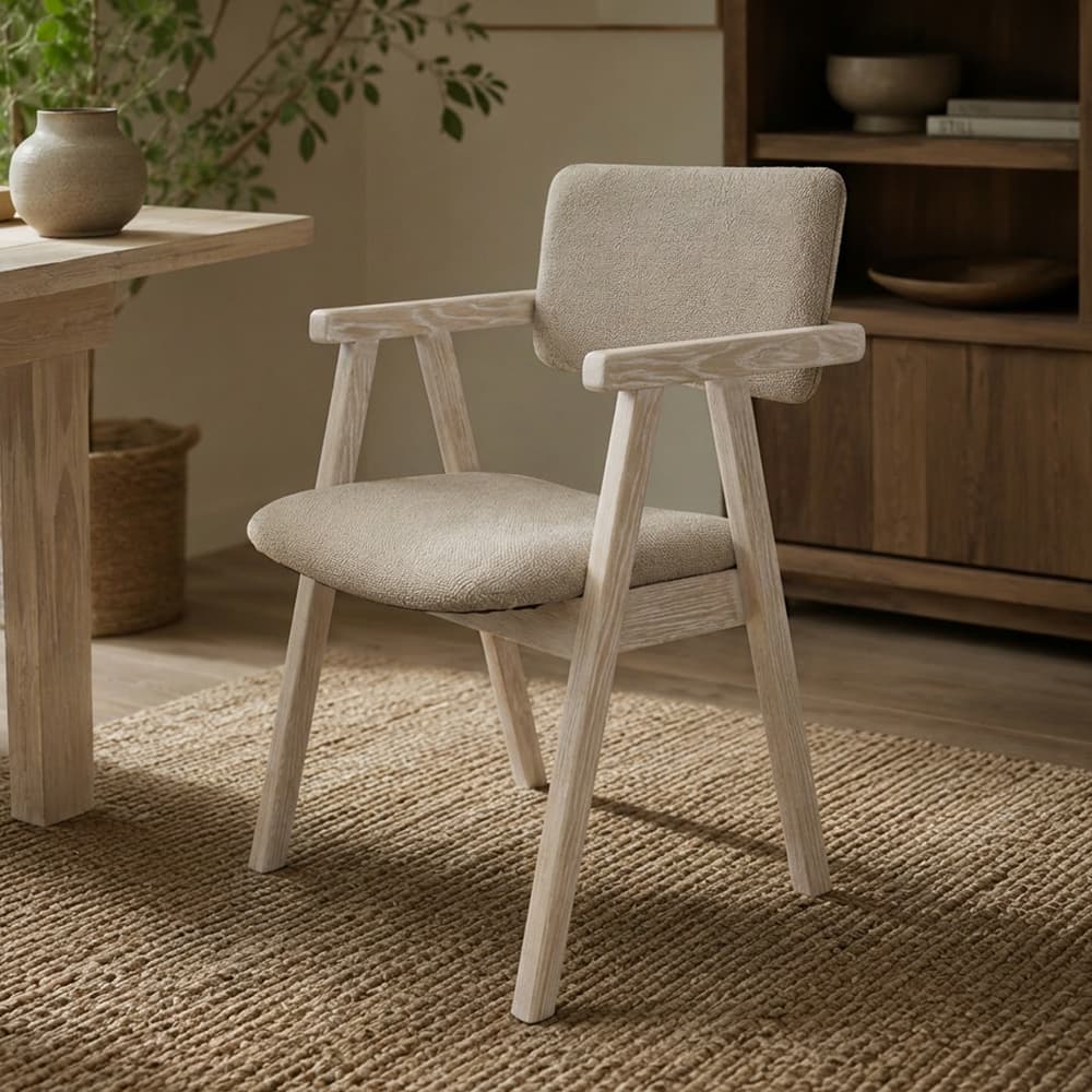 Fyn Spisestol, hvitvasket eik - Beige Tekstil