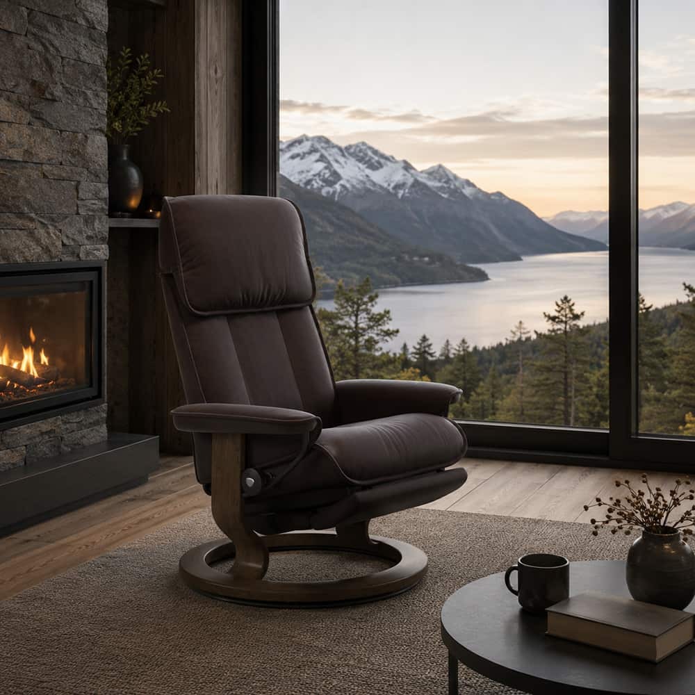 Stressless® Admiral (M) Classic Power Leg, Black Paloma Chocolate, Smoked Oak