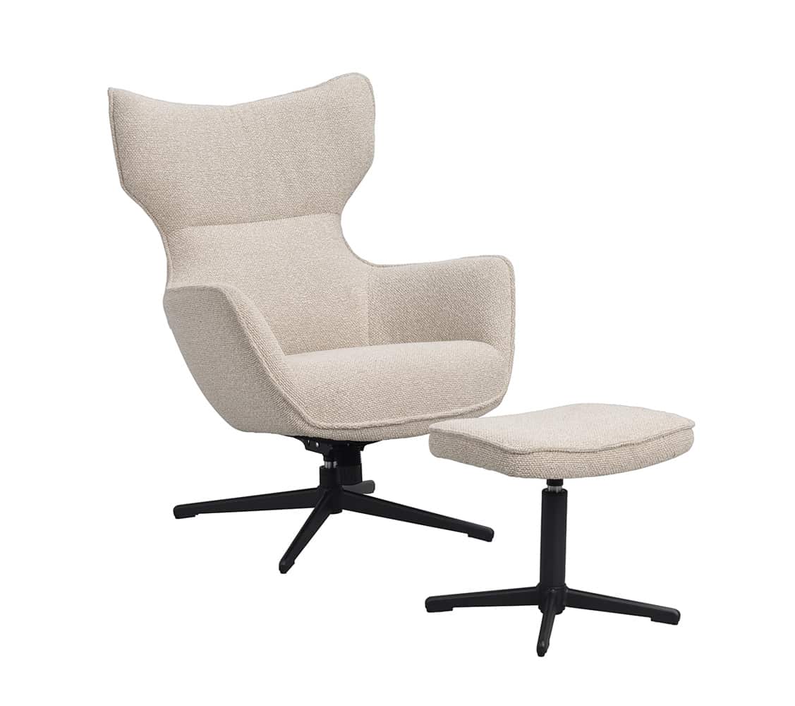 Jenkins fåtölj+fotpall beige tyg/svart metall snurr, gung