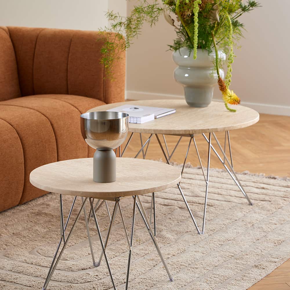 Prunus rundt sofabord, beige travertin bordplate, krom Ø80x46 cm