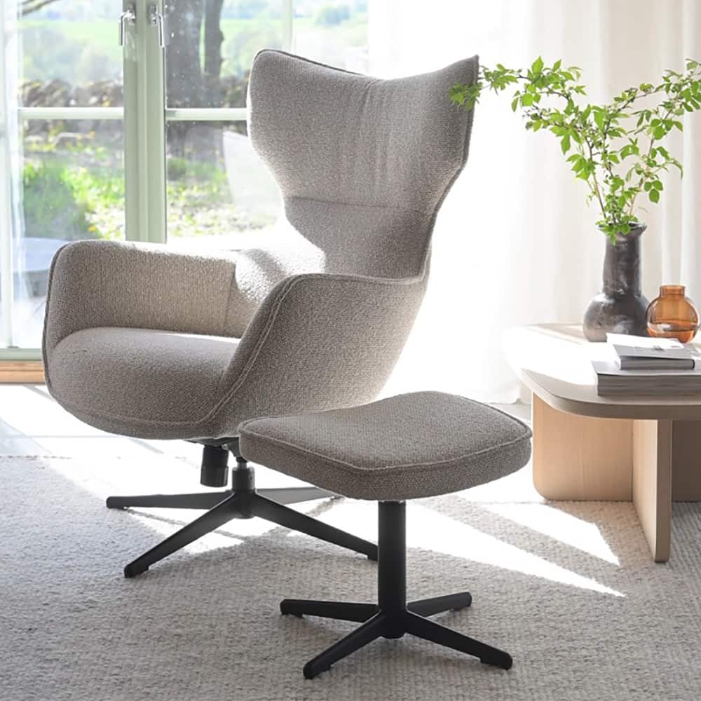 Jenkins fåtölj+fotpall beige tyg/svart metall snurr, gung