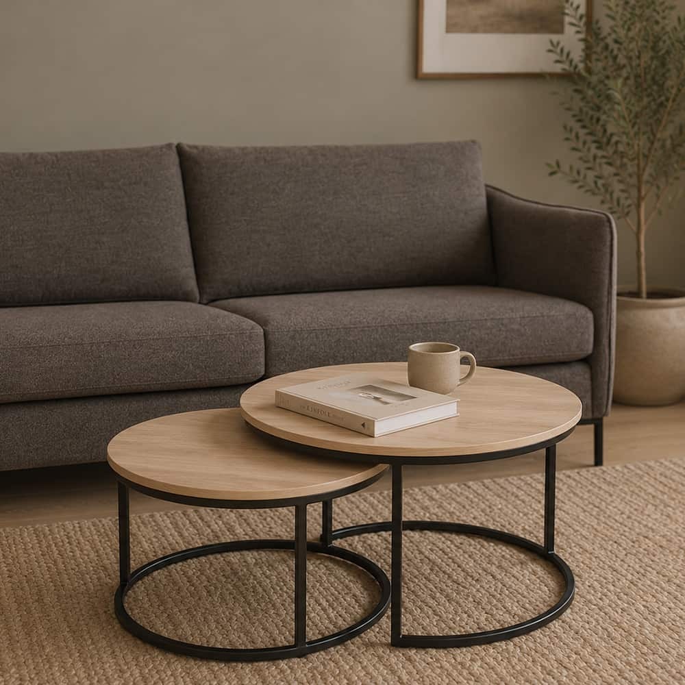 Samsø Sofabord sett á 2 stk Ø75/58 cm, sort metal, eik/hvitoljet