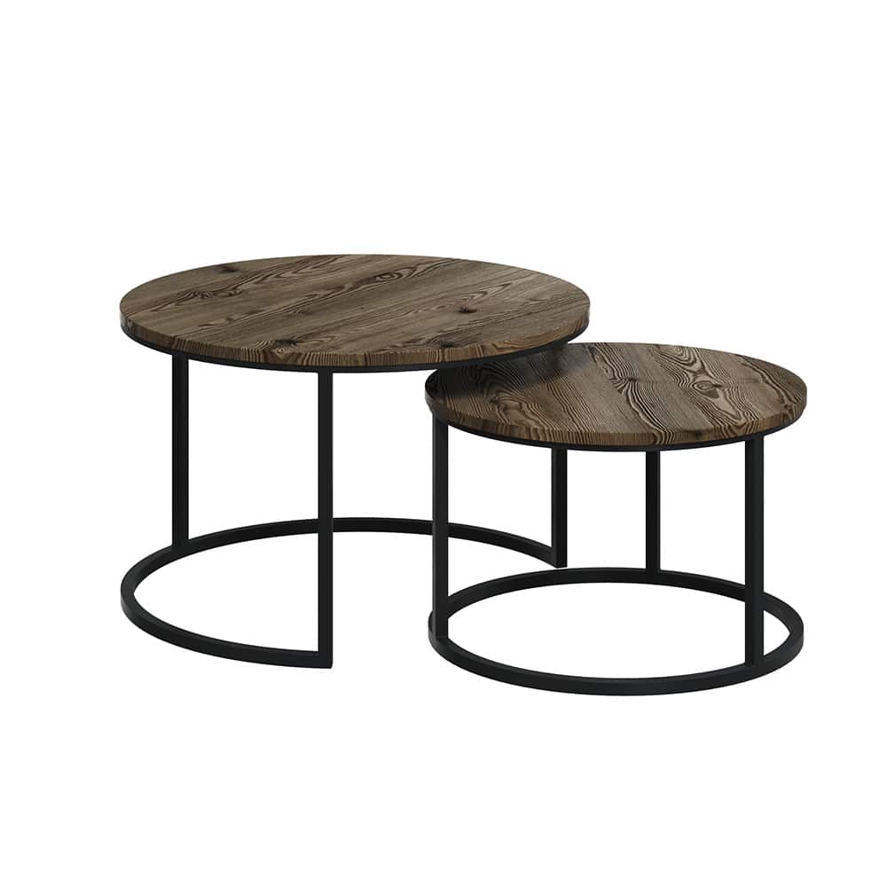 Samsø Sofabord sett a' 2 Ø75/58 cm, sort metal, eik / smoked oljet