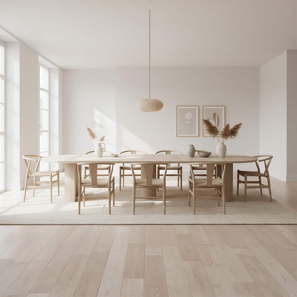 Hirtshals Spisebord Ø130, inkl 6 illeggsplater, Hvitpigmentert eik