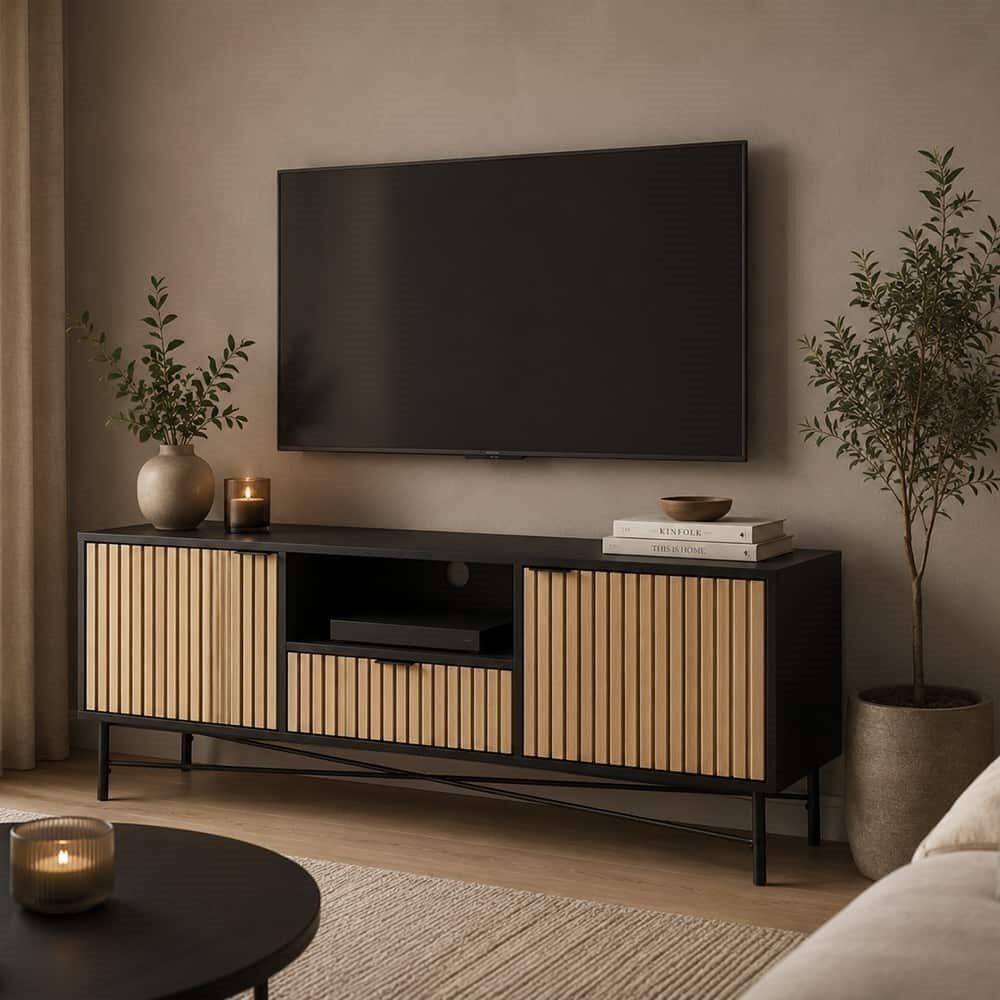 Madrid tv-bord sort MDF- naturfarget